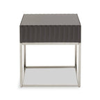 Grey Gloss Square Side Table with Fluted Carved Top and Silver Stainless Steel Frame | Genoa