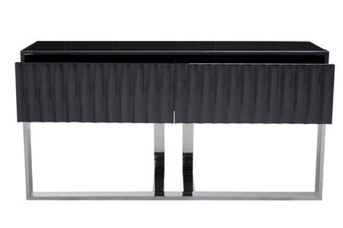 Grey Gloss Finish Fluted Top Console Table with 2 Drawers and Silver Steel Frame, Genoa