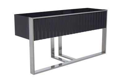 Grey Gloss Finish Fluted Top Console Table with 2 Drawers and Silver Steel Frame, Genoa