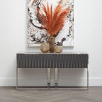 Grey Gloss Finish Fluted Top Console Table with 2 Drawers and Silver Steel Frame, Genoa
