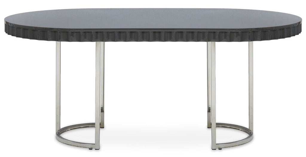 Grey High Gloss Oval Dining Table with Fluted Edge and Polished Stainless Steel Sledge Base | Genoa