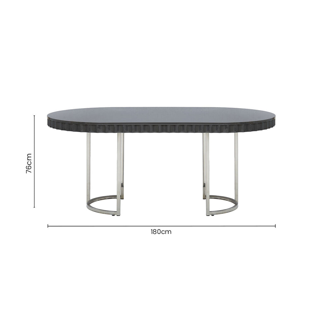 Grey High Gloss Oval Dining Table with Fluted Edge and Polished Stainless Steel Sledge Base | Genoa