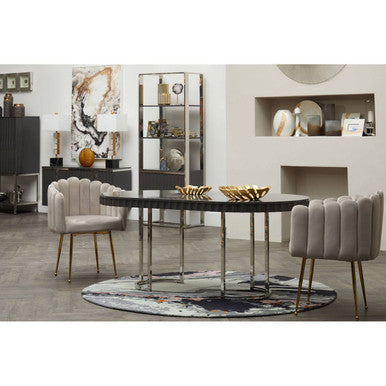 Grey High Gloss Oval Dining Table with Fluted Edge and Polished Stainless Steel Sledge Base | Genoa