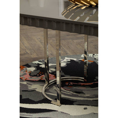 Grey High Gloss Oval Dining Table with Fluted Edge and Polished Stainless Steel Sledge Base | Genoa