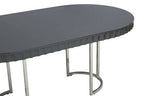 Grey High Gloss Oval Dining Table with Fluted Edge and Polished Stainless Steel Sledge Base | Genoa