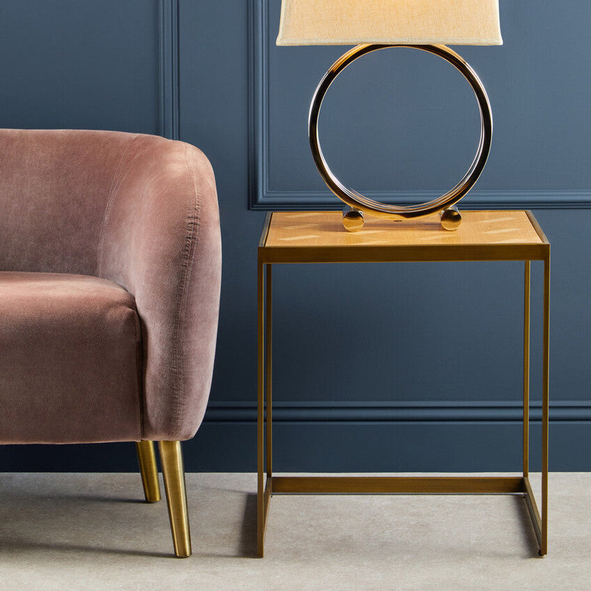 Natural Oak Veneer Large Side Table with Brown Brushed Brass Steel Sledge Base | Grenoble