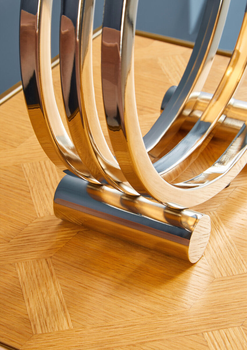 Natural Oak Veneer Large Side Table with Brown Brushed Brass Steel Sledge Base | Grenoble