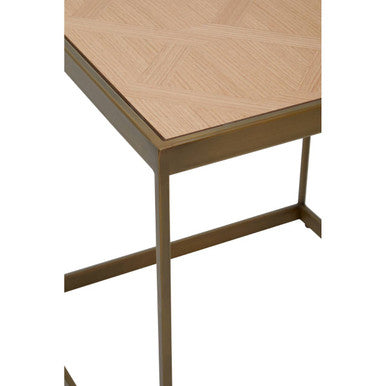 Natural Oak Veneer Large Side Table with Brown Brushed Brass Steel Sledge Base | Grenoble