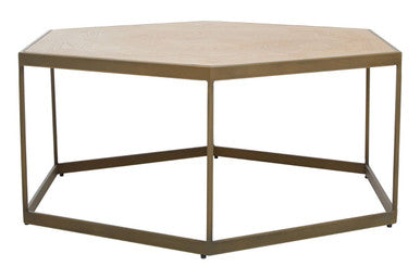 Natural Oak Hexagonal Veneer Coffee Table with Brown Brushed Brass Steel Frame | Grenoble