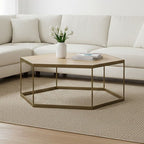 Natural Oak Hexagonal Veneer Coffee Table with Brown Brushed Brass Steel Frame | Grenoble