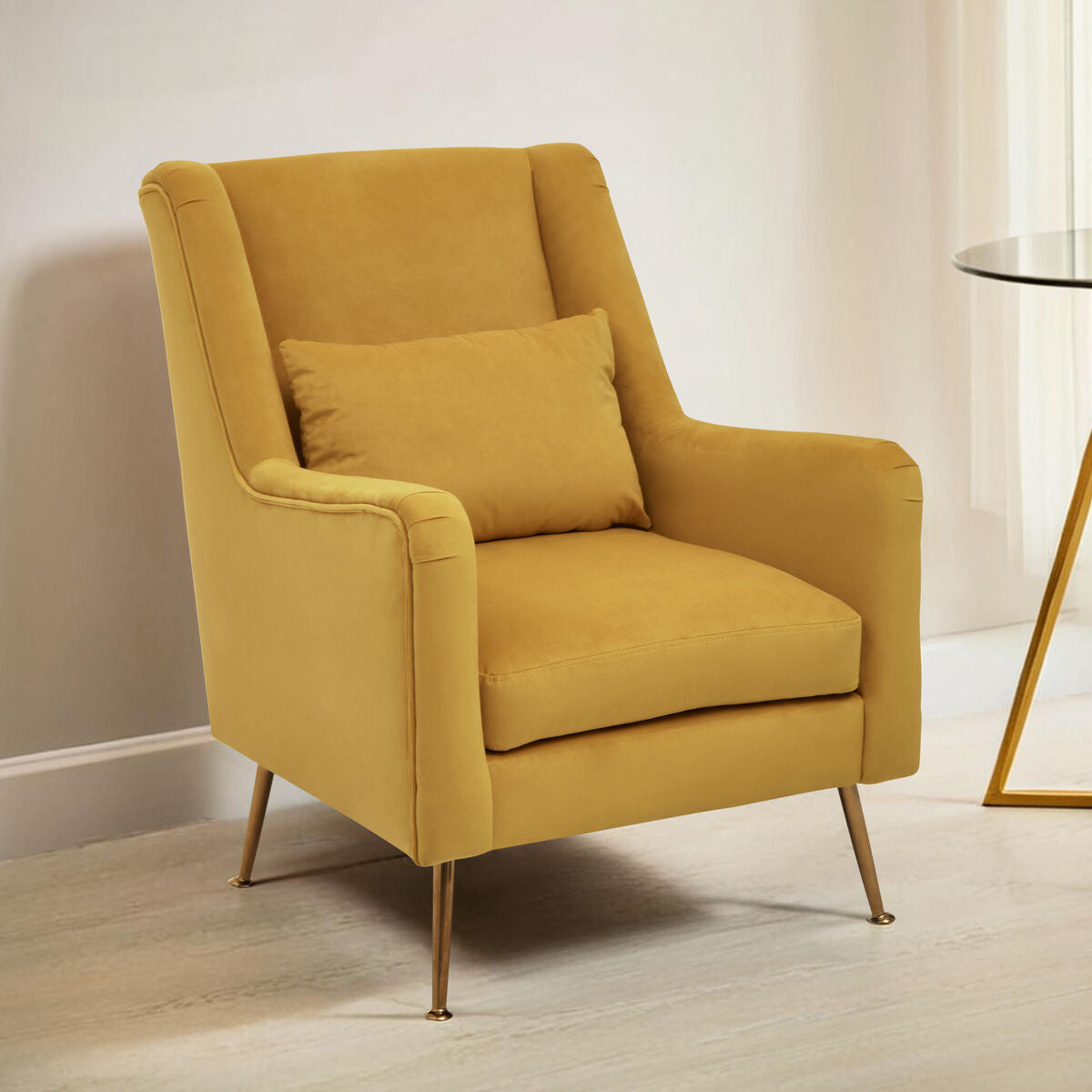 Yellow Velvet Chair with Gold Finish Legs | Doucet