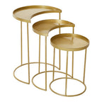 Set of 3 Antique Brass Finish Metallic Nesting Side Tables with Slim Legs and Half-Moon Tops, Suar