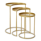 Set of 3 Antique Brass Finish Metallic Nesting Side Tables with Slim Legs and Half-Moon Tops, Suar