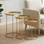Set of 3 Antique Brass Finish Metallic Nesting Side Tables with Slim Legs and Half-Moon Tops, Suar