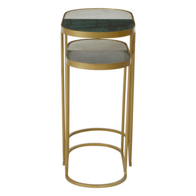 Set of 2 Marble Top Nesting Side Tables with Slim Antique Brass Finish Geometric Base | Suar