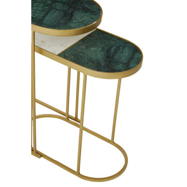 Set of 2 Marble Top Nesting Side Tables with Slim Antique Brass Finish Geometric Base | Suar