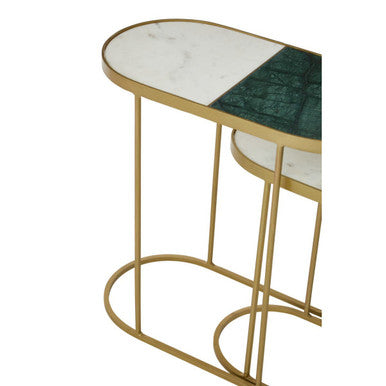 Set of 2 Marble Top Nesting Side Tables with Slim Antique Brass Finish Geometric Base | Suar