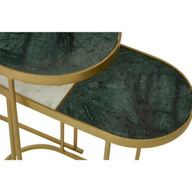 Set of 2 Marble Top Nesting Side Tables with Slim Antique Brass Finish Geometric Base | Suar