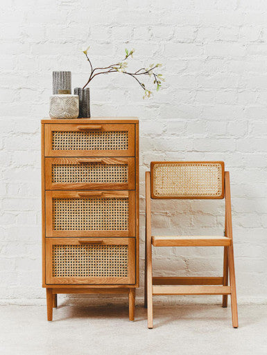 Rattan and Oak Wood Chest of Four Drawers | Lyon
