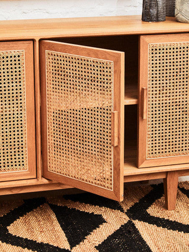 Rattan and Oak Wood 4 Door Sideboard | Lyon