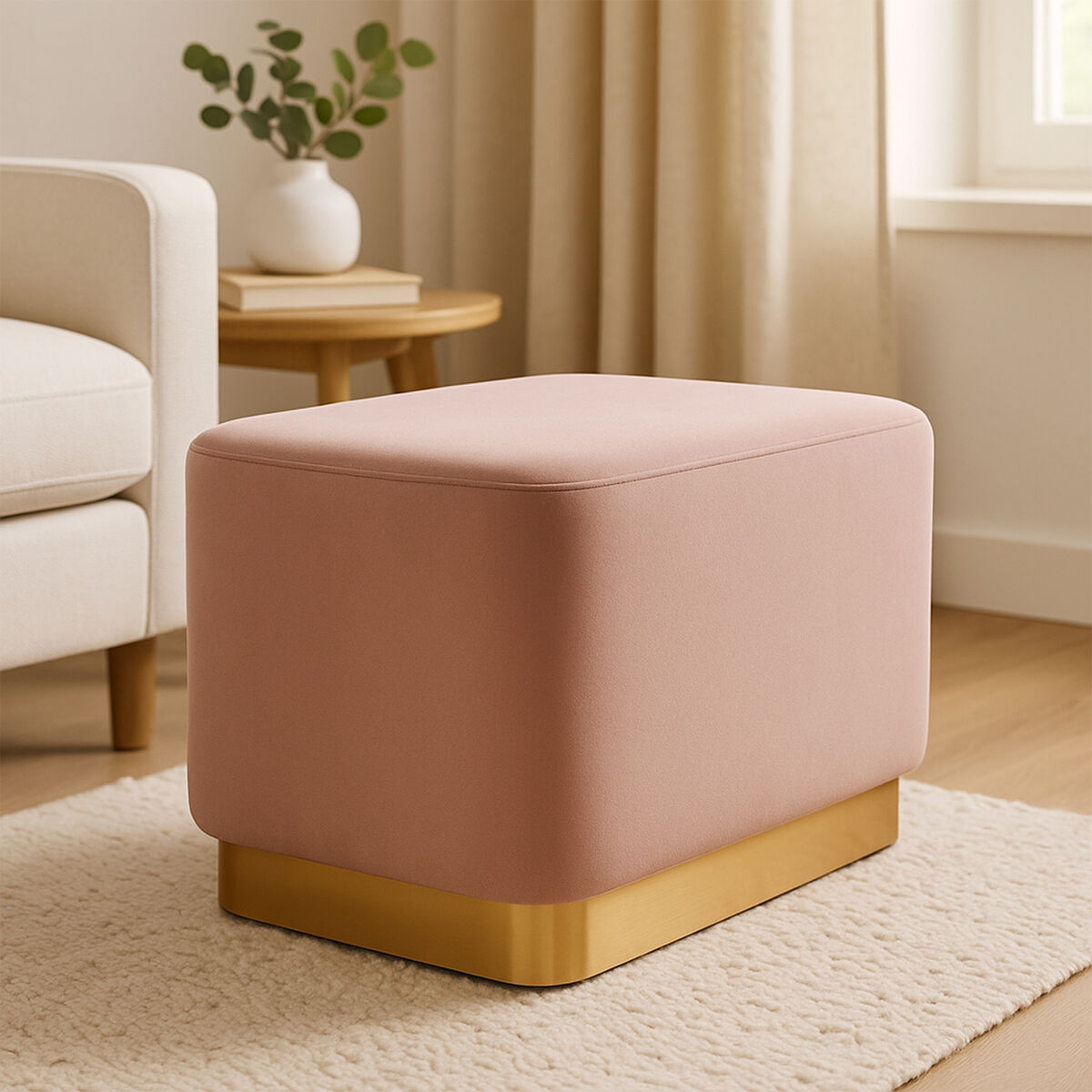 Dusty Pink Velvet and Matte Gold Rectangular Pouffe | Hartford