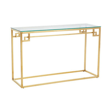 Geometric Gold Brushed Stainless Steel Console Table with Tempered Glass Top, Allure