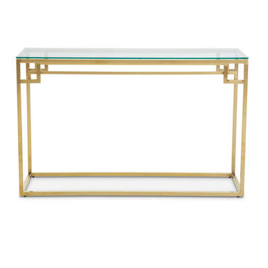 Geometric Gold Brushed Stainless Steel Console Table with Tempered Glass Top, Allure
