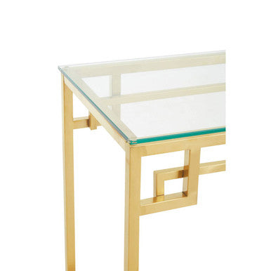 Geometric Gold Brushed Stainless Steel Console Table with Tempered Glass Top, Allure