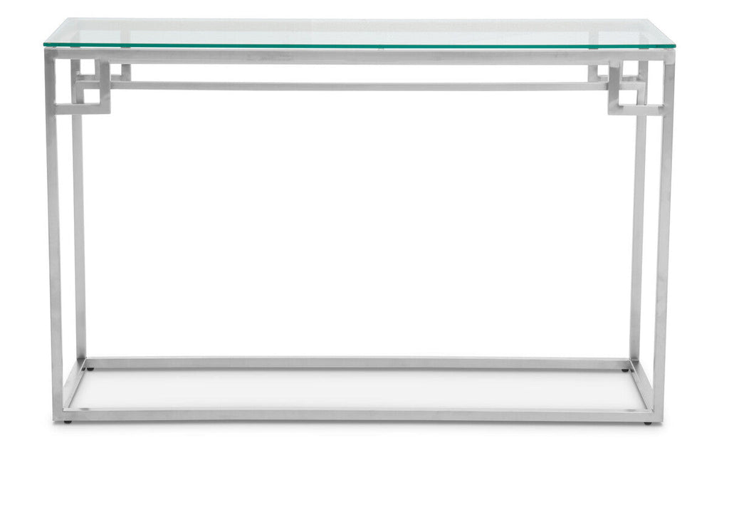 Geometric Silver Finish Stainless Steel Console Table with Tempered Glass Top | Allure