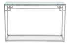 Geometric Silver Finish Stainless Steel Console Table with Tempered Glass Top | Allure