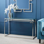 Geometric Silver Finish Stainless Steel Console Table with Tempered Glass Top | Allure