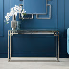 Geometric Silver Finish Stainless Steel Console Table with Tempered Glass Top | Allure
