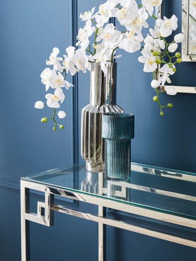 Geometric Silver Finish Stainless Steel Console Table with Tempered Glass Top | Allure