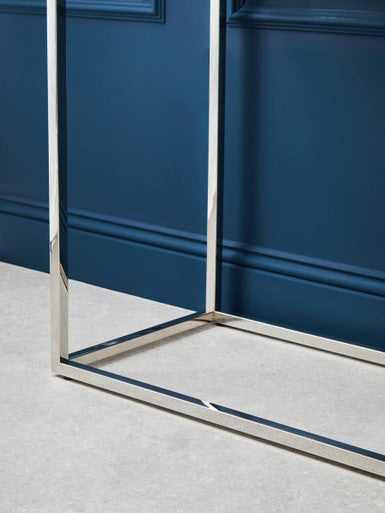 Geometric Silver Finish Stainless Steel Console Table with Tempered Glass Top | Allure