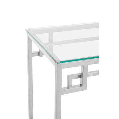 Geometric Silver Finish Stainless Steel Console Table with Tempered Glass Top | Allure