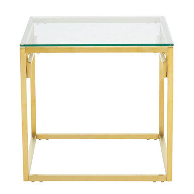 Geometric Brushed Gold Stainless Steel Side Table with Tempered Glass Top | Allure
