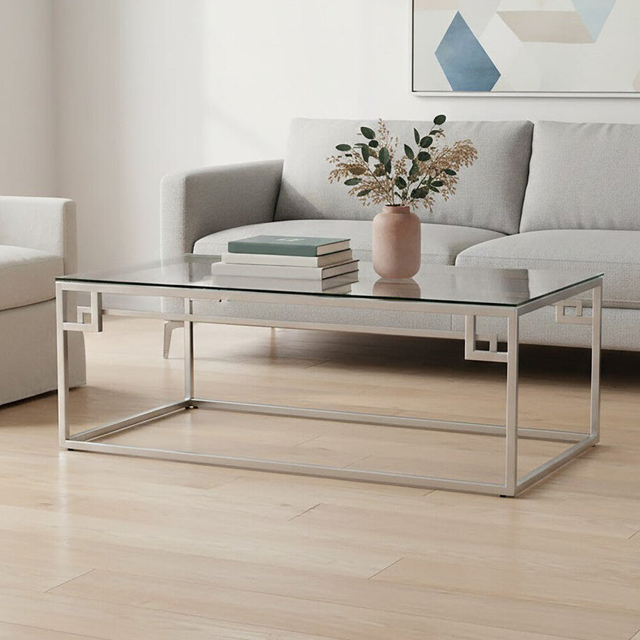Silver Geometric Rectangular Coffee Table with Tempered Glass Top | Allure