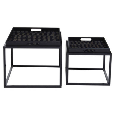 Set of 2 Removable Black and Gold Abstract Tray Tops Nesting Side Tables with Black Metal Frames | Celina