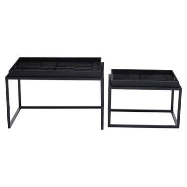 Set of 2 Removable Black and Gold Abstract Tray Tops Nesting Side Tables with Black Metal Frames | Celina