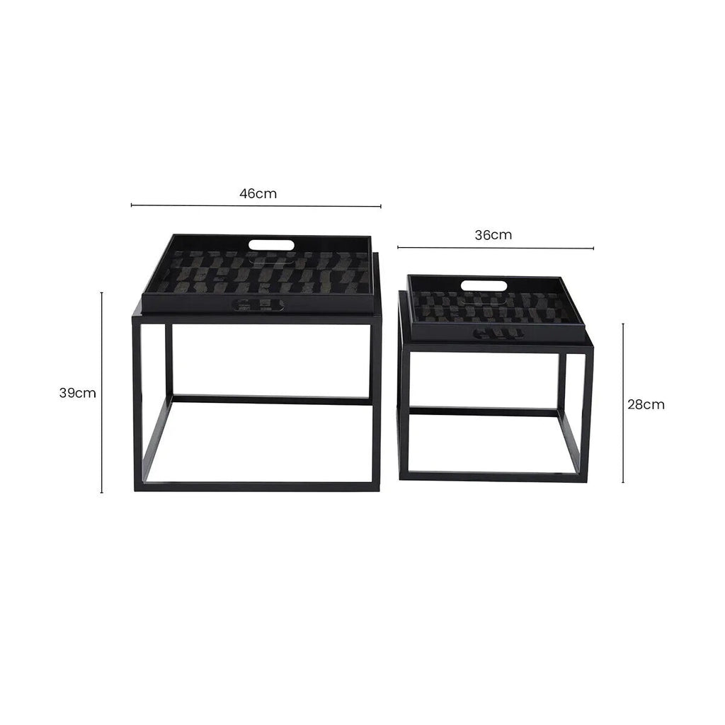 Set of 2 Removable Black and Gold Abstract Tray Tops Nesting Side Tables with Black Metal Frames | Celina