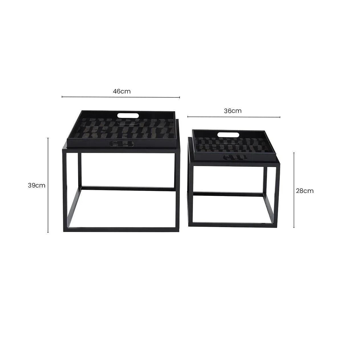Set of 2 Removable Black and Gold Abstract Tray Tops Nesting Side Tables with Black Metal Frames | Celina
