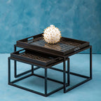 Set of 2 Removable Black and Gold Abstract Tray Tops Nesting Side Tables with Black Metal Frames | Celina