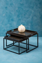 Set of 2 Removable Black and Gold Abstract Tray Tops Nesting Side Tables with Black Metal Frames | Celina