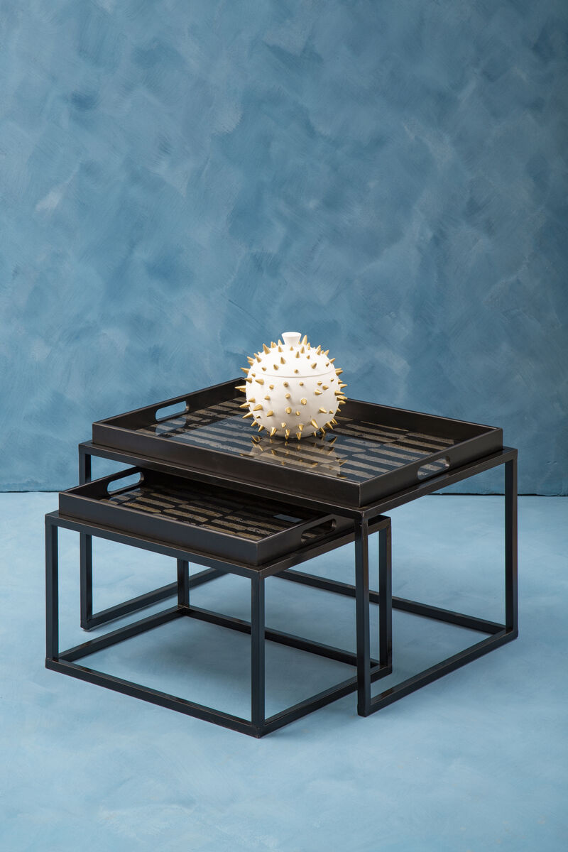 Set of 2 Removable Black and Gold Abstract Tray Tops Nesting Side Tables with Black Metal Frames | Celina