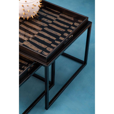 Set of 2 Removable Black and Gold Abstract Tray Tops Nesting Side Tables with Black Metal Frames | Celina
