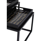 Set of 2 Removable Black and Gold Abstract Tray Tops Nesting Side Tables with Black Metal Frames | Celina