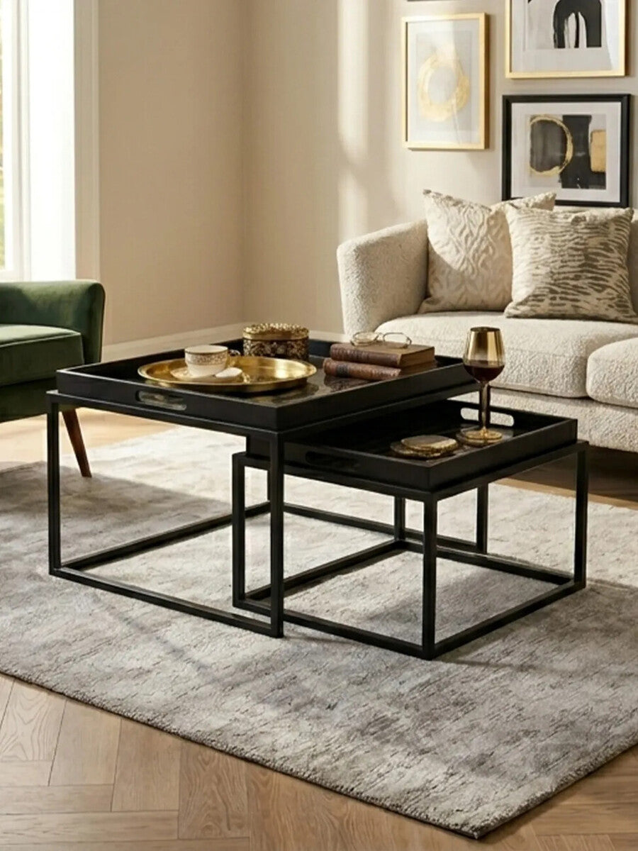 Set of 2 Removable Black and Gold Abstract Tray Tops Nesting Side Tables with Black Metal Frames | Celina