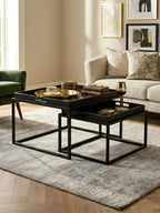 Set of 2 Removable Black and Gold Abstract Tray Tops Nesting Side Tables with Black Metal Frames | Celina