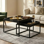 Set of 2 Removable Black and Gold Abstract Tray Tops Nesting Side Tables with Black Metal Frames | Celina