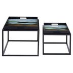 Set of 2 Multicolour Agate Effect Removable Tray Tops Nesting Side Tables with Black Metal Frames | Celina